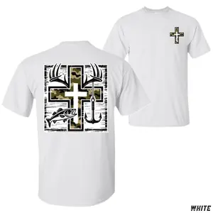 Camo Cross Hunting T-Shirt – Deer Antlers Fish And Hook On Camouflage Cross Graphic , Faith And Outdoors Style , Unisex Casual Wear , Gift For Hunters And Fishermen , Southern Christian Tee, Cotton, Menswear, Tops
