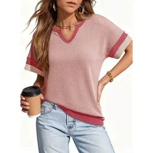 Dokotoo Womens Summer Tops 2026 Colorblock V Neck Short Sleeve T Shirts Dressy Casual Clothes Vacation Outfits