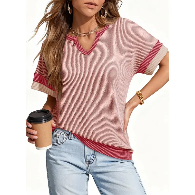 Dokotoo Womens Summer Tops 2026 Colorblock V Neck Short Sleeve T Shirts Dressy Casual Clothes Vacation Outfits