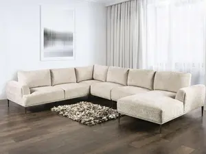 FM63007LB-SECT-J 5 pc Gladbach Light Brown Cotton Chenille Fabric Mid Century 147" Sectional Sofa with Extendable Back Rest & Feather Blend Pillows