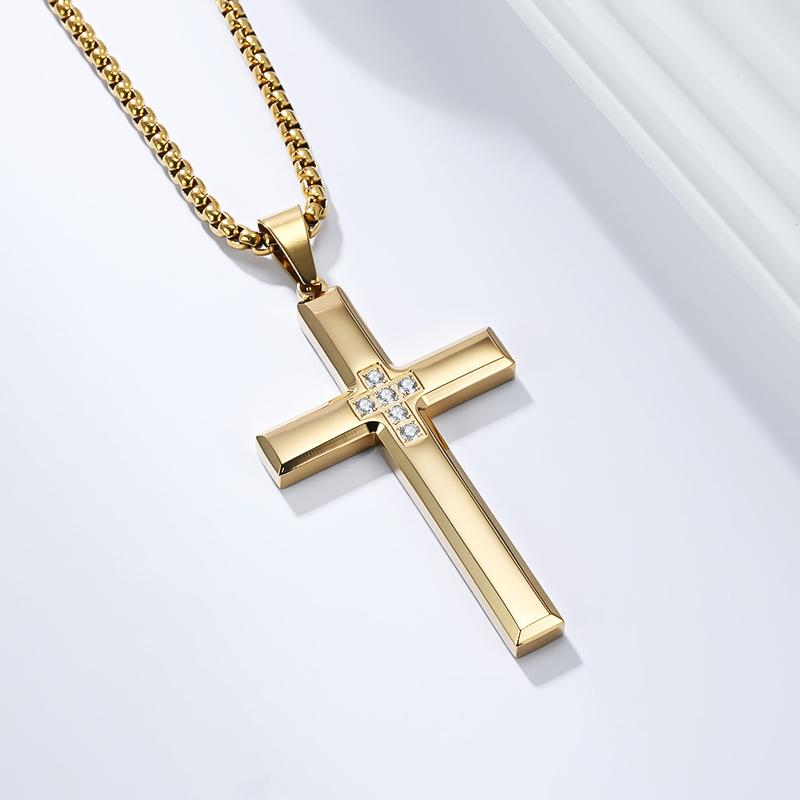 Mens Cross Necklace, Cubic Zirconia Cross Necklace Religious Jewelry for Women Stainless Steel Chain 24 Inch