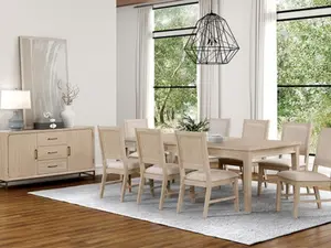 FM3369AK-7PC 7 pc Sandnes light oak finish wood transitional dining table set with leaf and fabric seats
