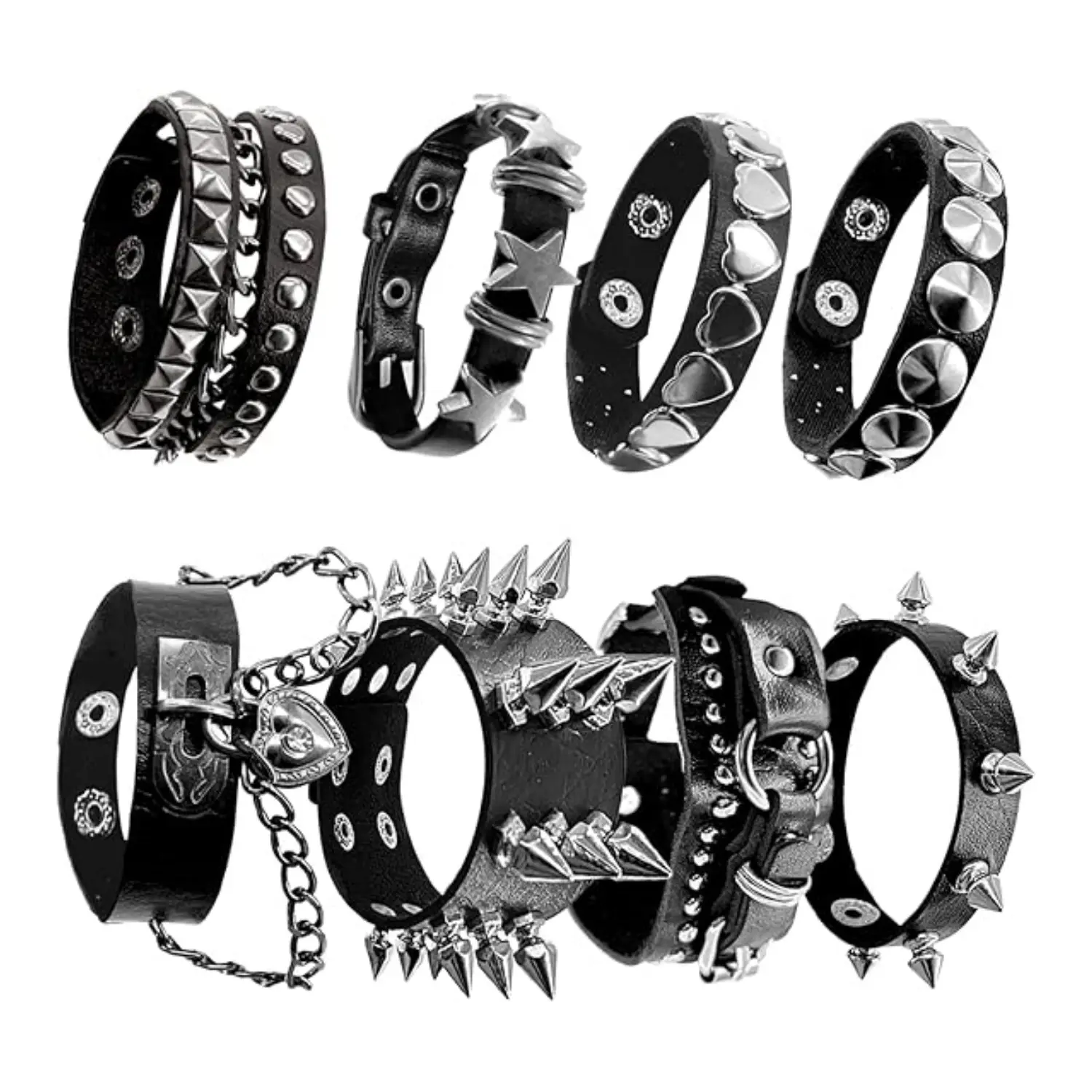 8Pcs Punk Studded Bracelet Goth Bracelet Leather Rivets Spike Bracelets Cuff Adjustable Metal Wristband Gothic Accessories - Home Improvement.