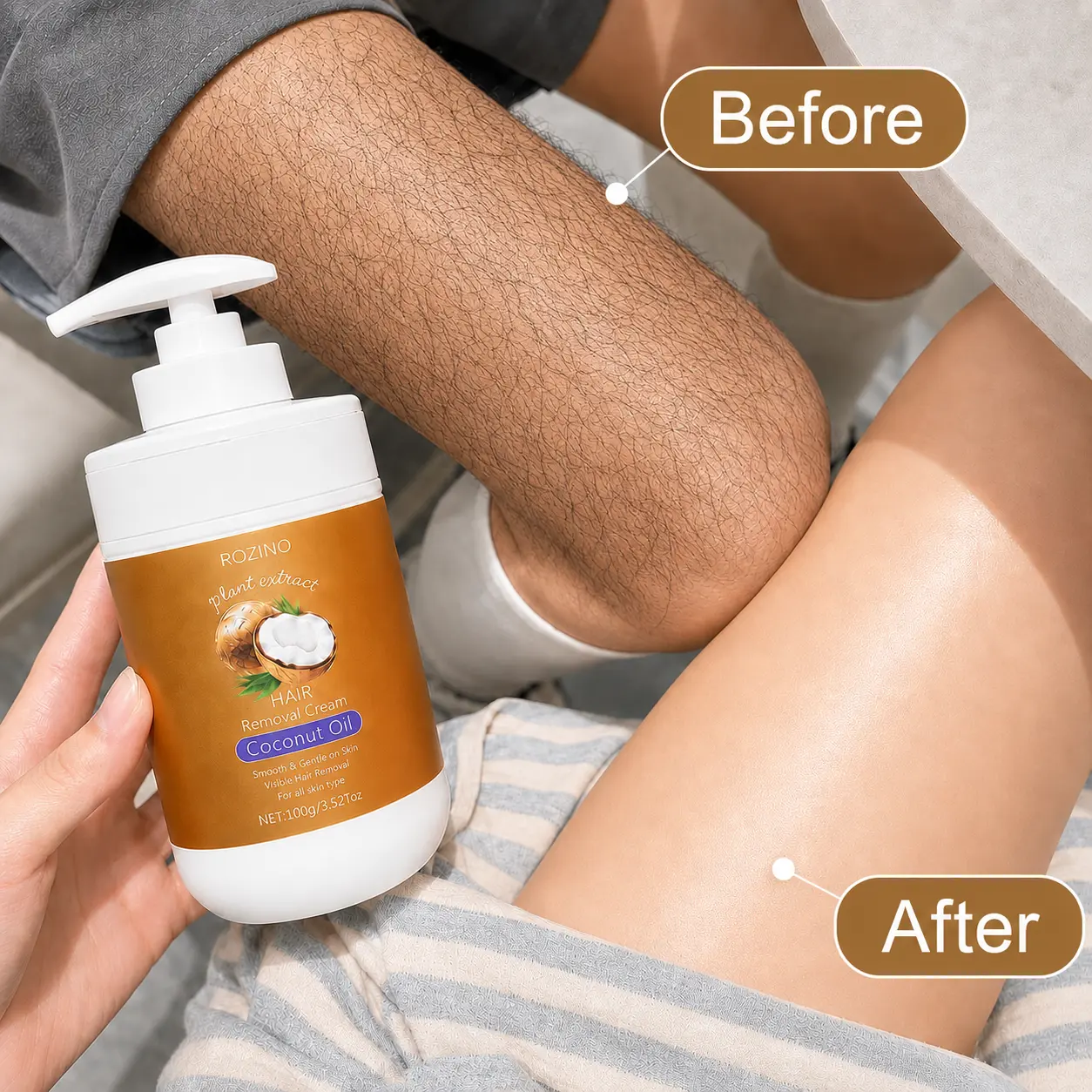 ROZINO Hair Removal Cream with Coconut Oil, Gentle Depilatory Cream for Facial Hair, Leg Hair, Arm Hair & Underarm Hair, Easy At-Home Hair Removal Treatment, Smooth Skin Care, 100g