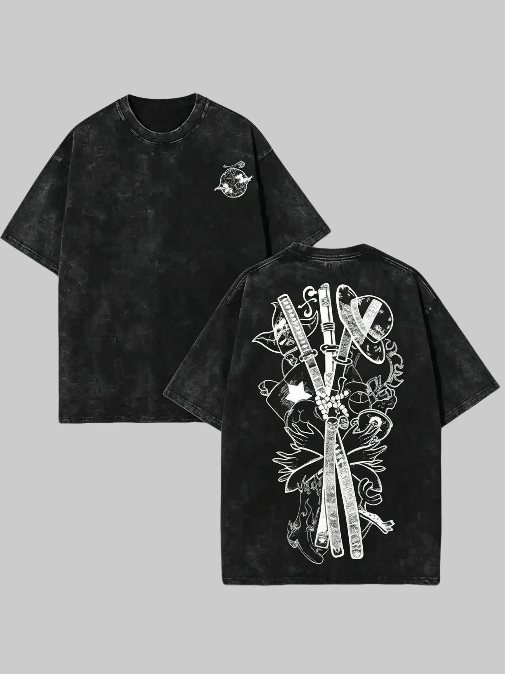 Menswear Short-Sleeve Oversized Vintage Washed Heavyweight Cotton Luffy Graphic T-Shirt - Anime Japanese Manga Pirate King Tops, Unisex Harajuku Y2K Samurai Sword Streetwear Summer Fashion Gift
