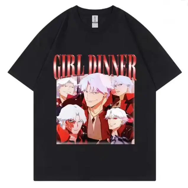 Women's Graphic T-Shirt, Funny 'Girl Dinner' Dante Devil May Cry Meme, Streetwear Cotton Blend Short Sleeve Round Neck Top