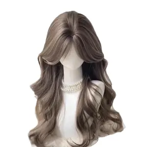 Women's Wig Mint Brown Middle Part Bangs Long Curly Hair High Crown Hairpiece