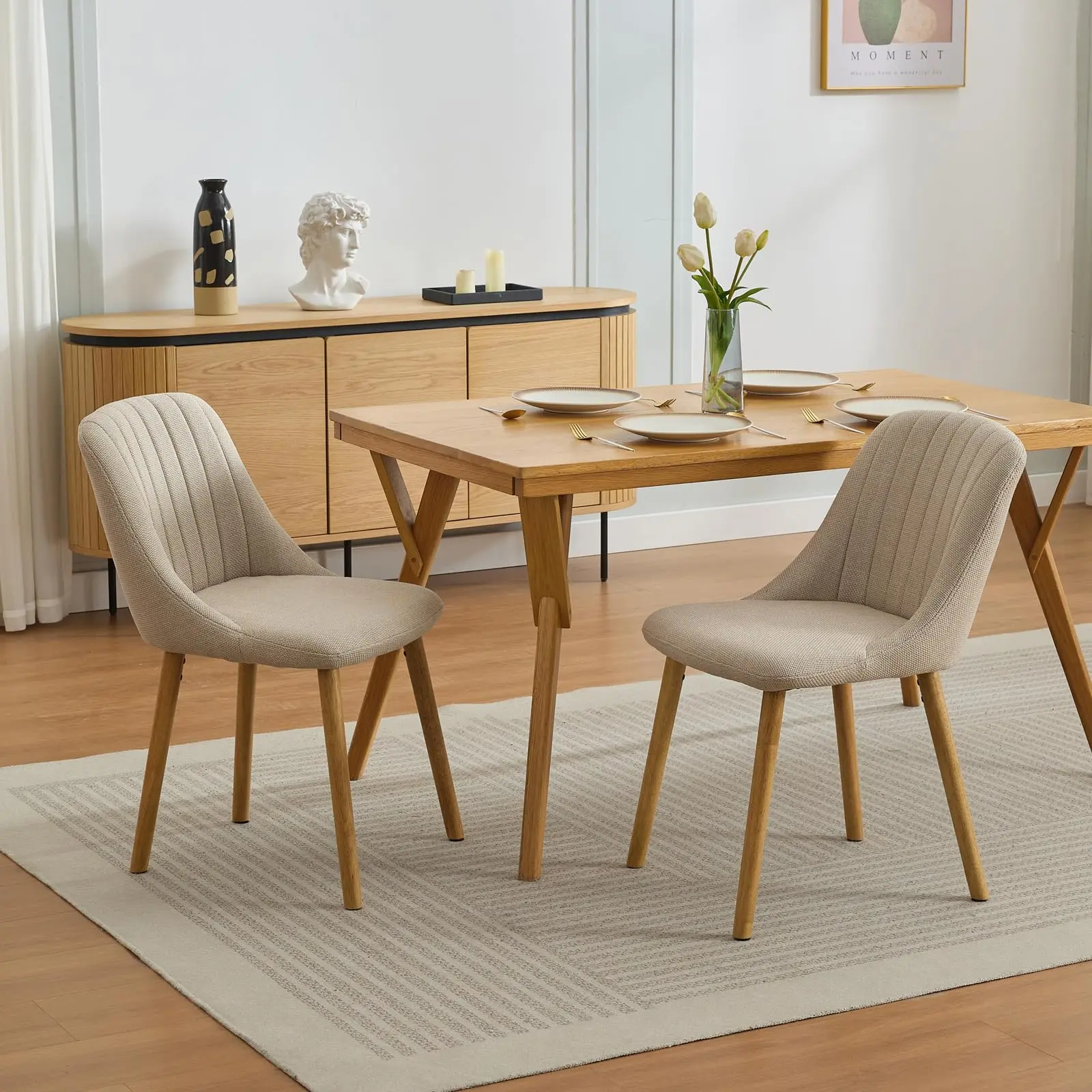 GARVEE Modern Fabric Dining Chairs Set of 2, Upholstered Kitchen Chairs, Dining Chairs with Oak Legs, Armless Dining Chair for Dining Room (Off-White, Oversized)