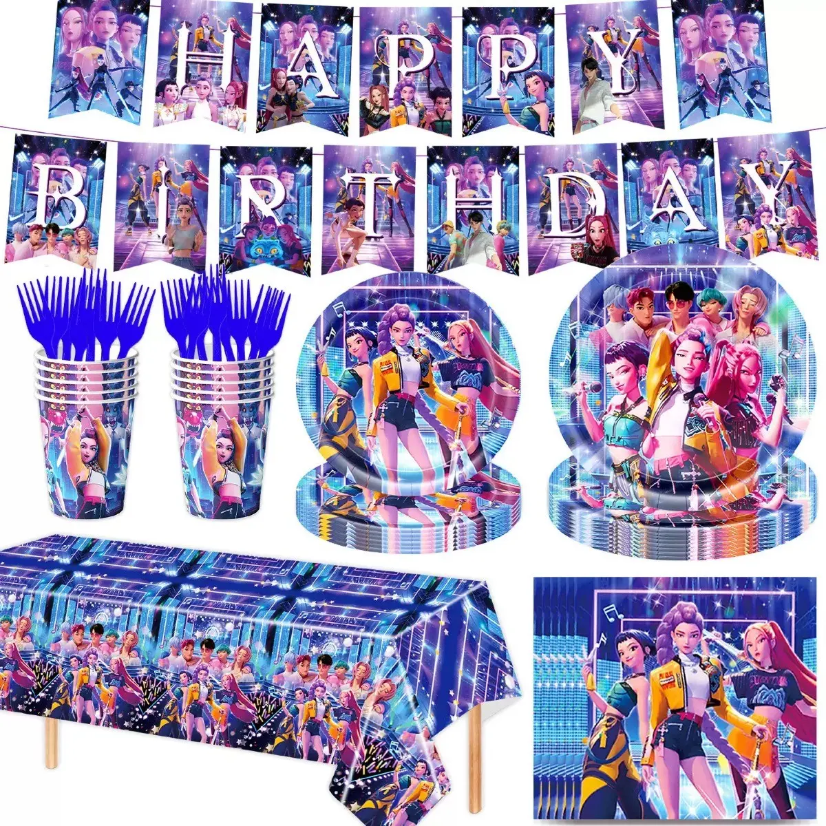 A set of blue children's birthday party supplies prepared by the popular Cartoon anime singing exorcist girl band for fans, including banners, plates, cups, tablecloths, and napkins, perfect for decorating boy themed birthday parties