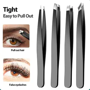 Black Slant Tip Tweezers Kit (4 Pack) - Professional-Grade for Brows, Splinters & Beauty Applications