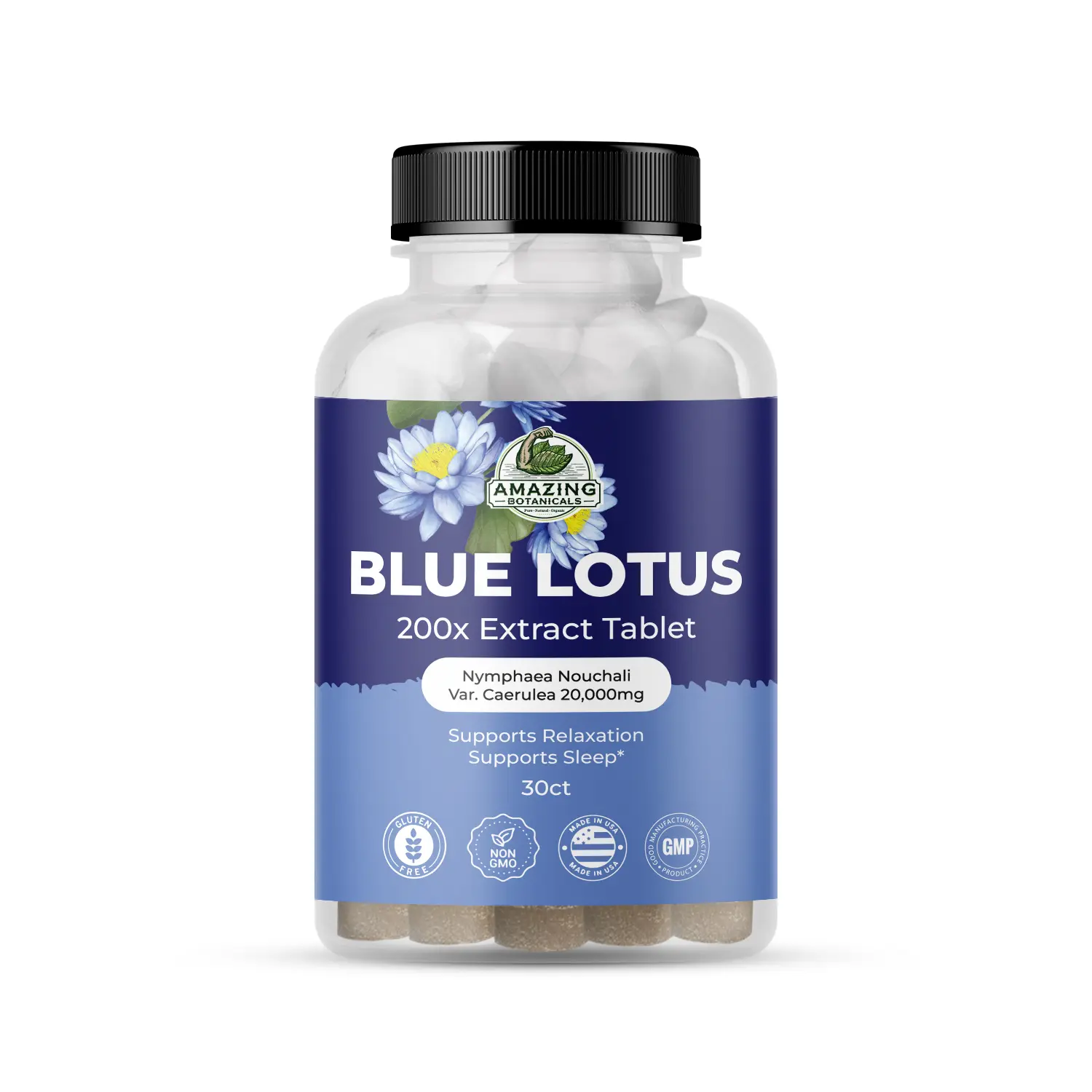 Amazing Botanicals Organic Blue Lotus 200X Extract Edible Tablets - GMP-Certified, Gluten-Free, Sugar-Free Supplement Stack, Nymphaea Caerulea Calming Support, 30 Count, Multi-Size Dietary Supplement