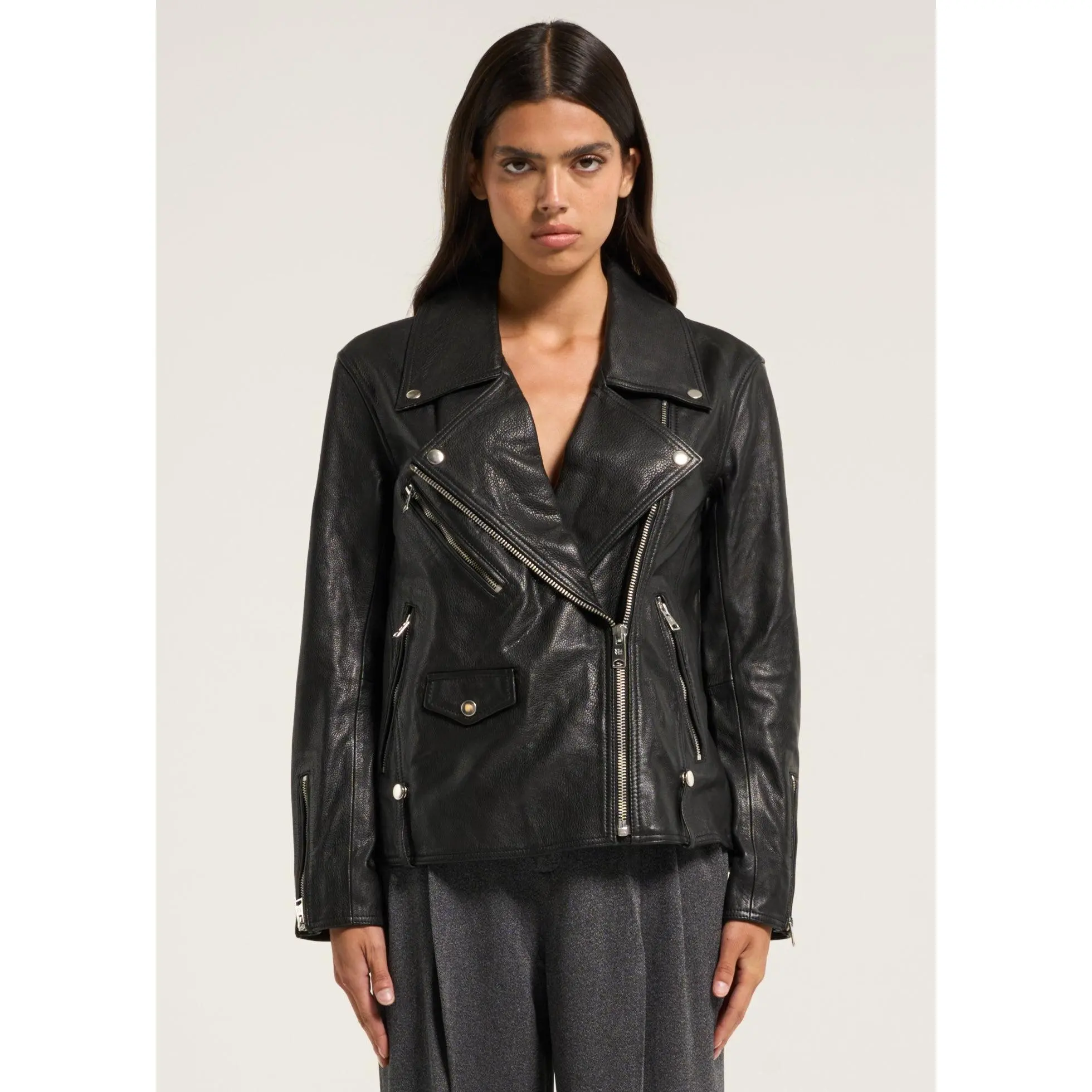 VIAVIA Genuine Leather Oversized Moto Jacket