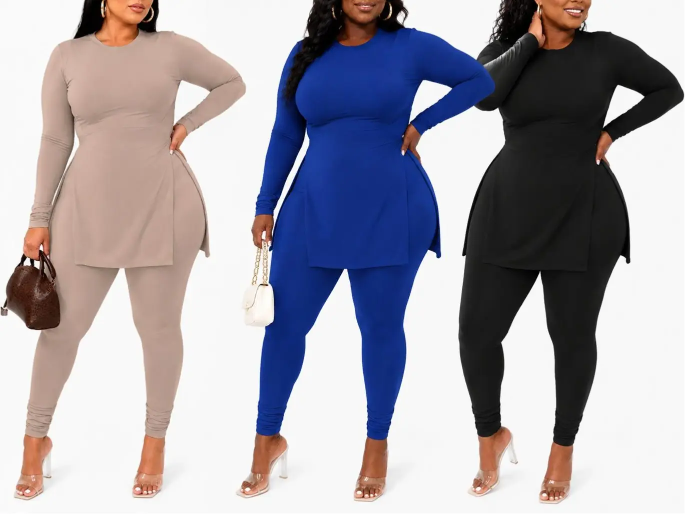 Women's Plus-Size 2-Piece Solid Casual Set, Crew Neck Long-Sleeve Top & Pants, Polyester Fabric with Slight Stretch, Side Slits, Lightweight Comfortable for Autumn/Winter, Beige (Womenswear Casual Slim-Fit Sportswear)