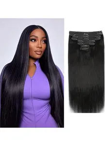 8pcs Real Human Hair Clip-In Extensions with 18 Clips - Natural Black #1B 14-28 inch Straight Double Wefts Suitable for all Hair Types, Scalp & for Hair Volume, Length & Instant Hairstyles Thick Hair Extensions
