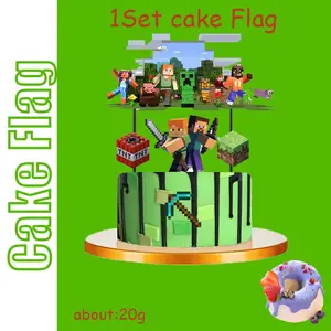 Pixel Mining Game Cake Flag Topper Set, Retro Themed Cake Decorations, Fun Design for Kids' Parties, Perfect for Celebrations