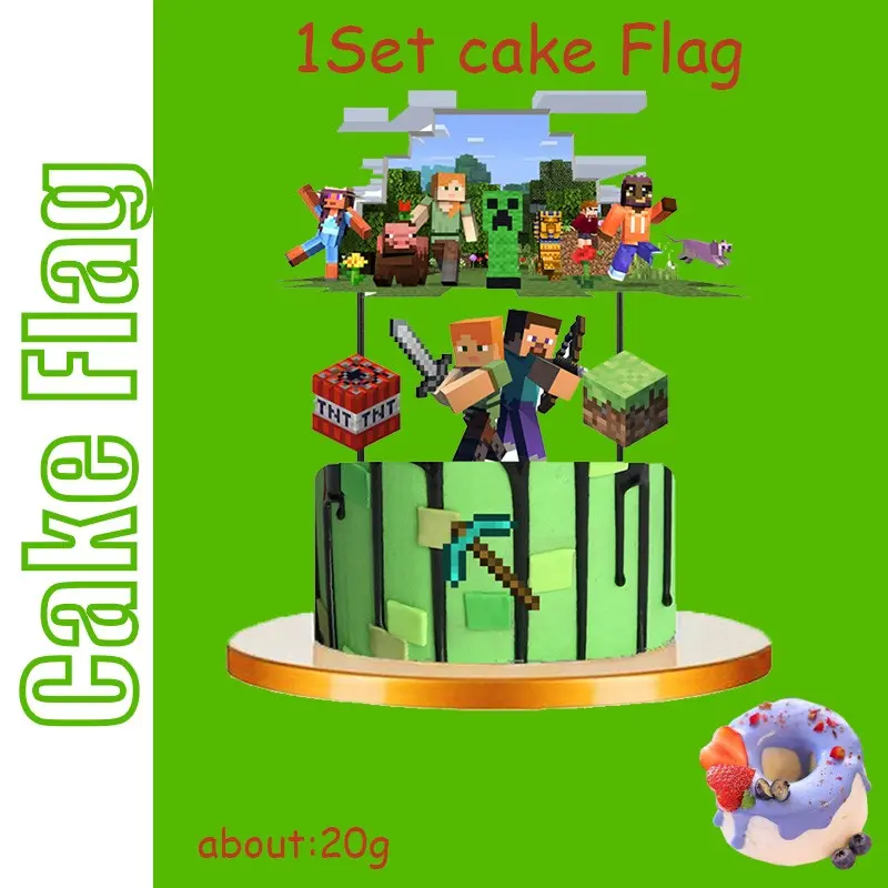 Pixel Mining Game Cake Flag Topper Set, Retro Themed Cake Decorations, Fun Design for Kids' Parties, Perfect for Celebrations