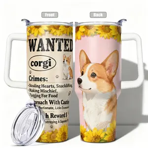 1pc, 40oz/30oz/20oz/14oz Stainless Steel Cup Wanted Corgi Dog Double Wall Vacuum Insulated Cup, Leakproof Lid & Carry Handle Travel Mug for Outdoor Camping Hiking, Gift for Dad, Mom, Brother,