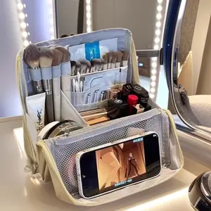 Standing makeup bag, Women's Large Capacity Foldable Magnetic Travel Makeup Storage Bag, Waterproof Portable Open Makeup Bag with Divider