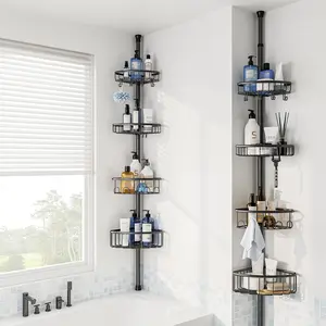 Corner Shower Caddy Tension Pole - Rustproof Stainless Steel Bath Organizer with Heavy-Duty Shelves & Hooks, Quick-Drain Mesh Design, 4-Tier Adjustable Storage (47-121 Inches), No-Drill Clamp Lock for Bathroom,  - Easy Assembly, Sleek Black Finish