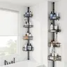 47-121 Inches Corner Shower Caddy Tension Pole - Rustproof Stainless Steel Bath Organizer with Heavy-Duty Shelves & Hooks, Quick-Drain Mesh Design, 4-Tier Adjustable Storage, No-Drill Clamp Lock for Bathroom, Easy Assembly tiktokshopspringg
