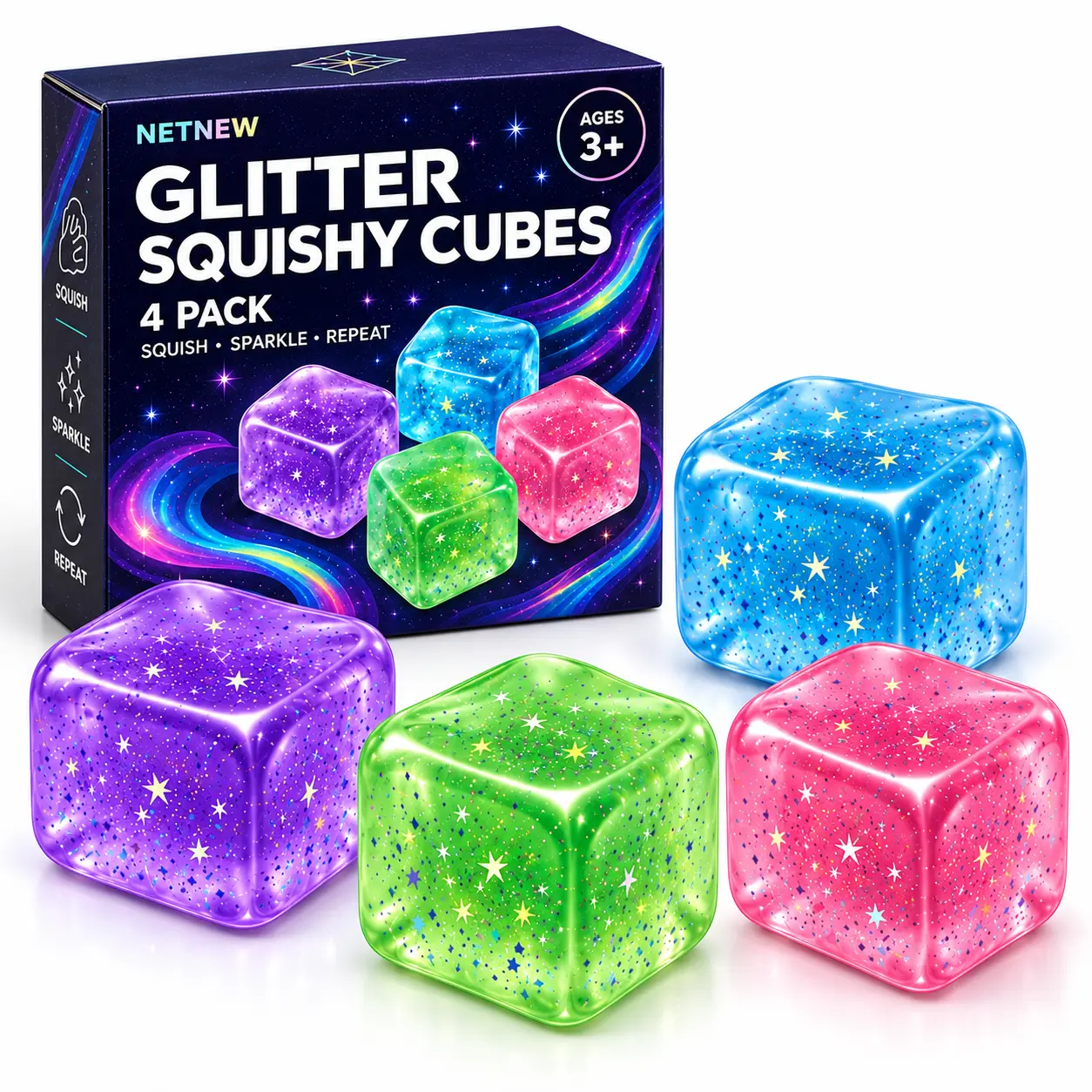 Glitter Squishy Cubes 4 Pack, Soft Sensory Squeeze Toys with Sparkles, Colorful Fidget Toy Set in Blue Green Pink Purple, Ages 3+