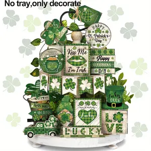 19 piece St. Patrick's Day vintage layered tray set - country style clover wood decoration, suitable for Irish themed homes, farmhouse dining table signs, Dining table centerpiece, holiday celebration ornaments, without trays