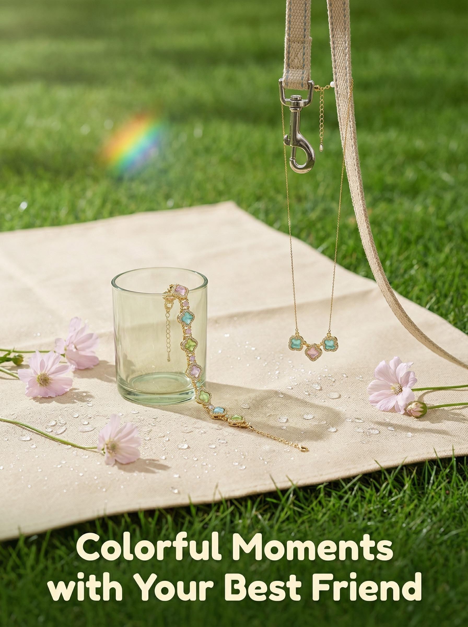 Rainbow& Fluffy Ball Crystal Bracelet Necklace for Human Pet Adjustable Wear