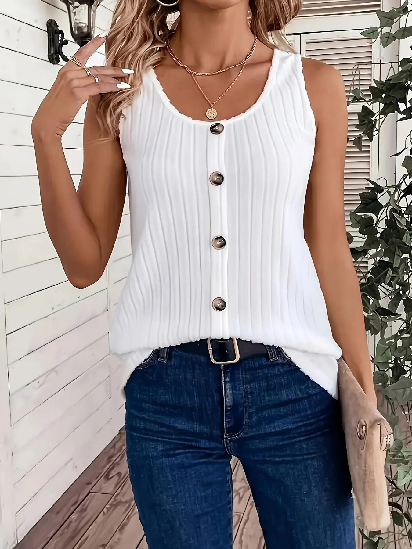 Women's Fashion Plus Size 2XL Comfortable Ribbed Camisole Tank Top - Loose Fit, Plain, Medium Length Scoop Neck, Chic Button-Up Off-Shoulder Sleeveless Summer Casual Vest, Light Blue, Style, Ribbed Texture