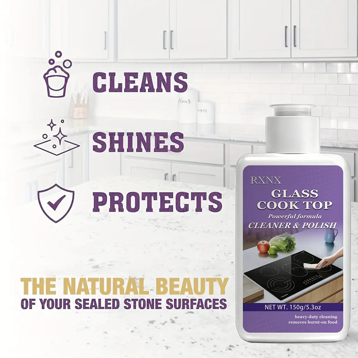 RXNX Glass Cooktop Cleaner (150 g / 5.3 oz), powerfully removes stains from glass cooktops, suitable for induction and gas stoves, does not damage surfaces and can polish [Fast local shipping in the USA]