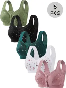 5-Pack Thin Lace Floral Wireless Bras, Comfortable Breathable Push-Up Underwire-Free, Elderly-Friendly Front Buckle Design, All-Season Wear, Breathable Fit Bra