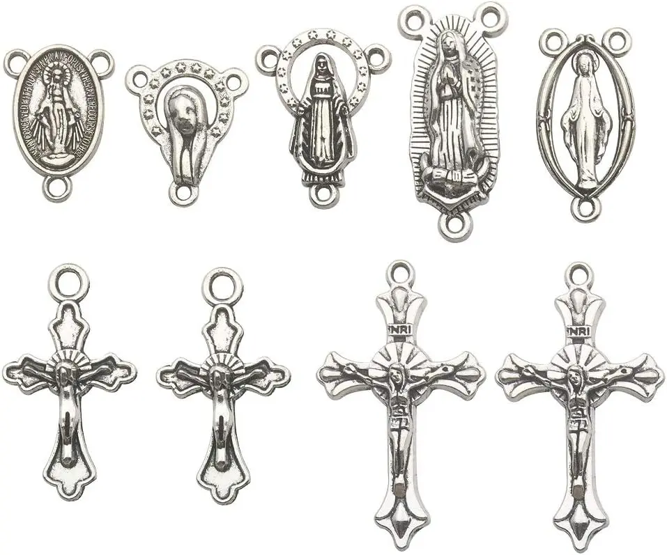 100g (60pcs) Antique  Cross  Maria Our Lady Miraculous Centerpiece Crucifix Medal Charms Pendants for Crafting,  Findings Making Accessory For DIY Rosary Necklace Bracelet (M154)