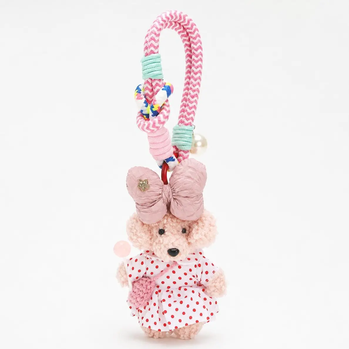 Teddy Huggy Soft Plush Keychain - 5.9-Inch Pink Polka Dot Puppy, Clip-On, Large Bow, Wristlet Strap, Handbag Charm, Multiple Uses Luggage & Bag Fashion Accessory, Tether Tab