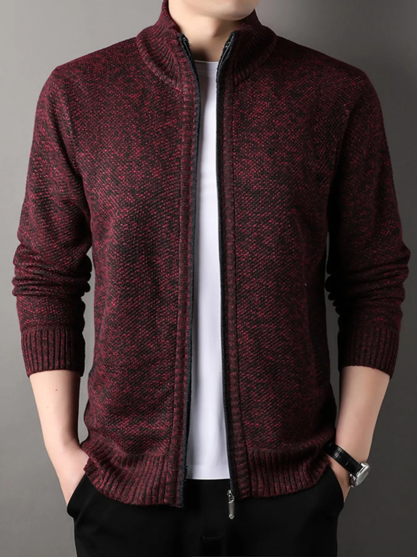 Men's Knitted Cardigan Sweater Jacket, Winter New Casual Stand Collar Fleece Lined Coat, Warm Zipper Pullover Outerwear for Office Daily Wear