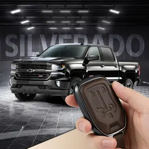 Leather Car Key Accessory, Key Fob Protector Cover Case Compatible with Chevy Silverado & GMC Sierra 1500, 2500HD, 3500HD (2019-2023)