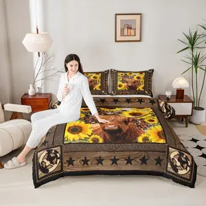 Highland Cow Sunflowers Kids Comforter Set Boys Girls Adults Xmas Decor,Abstract Leopard Cow Fur Down Comforter,Stars Wooden Plank Rustic Bedding Set,Colorful Duvet Insert