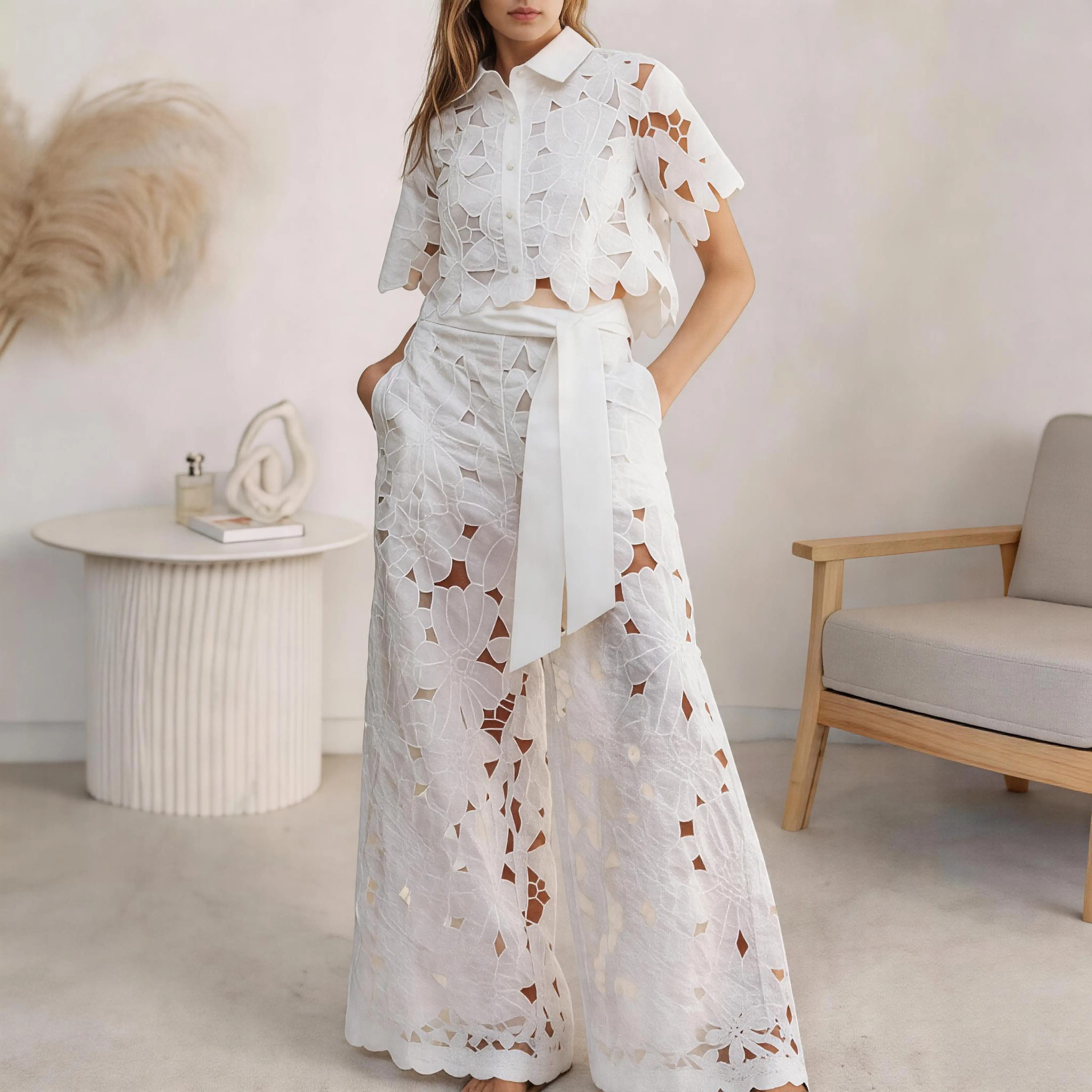 Women's 2-Piece Chic Vibe Outfits - Breathable Short-Sleeve Button-Down Floral Lace Shirt, Wide-Leg Pants Elegant Set with Belt for Day Wear, Shortsleeve