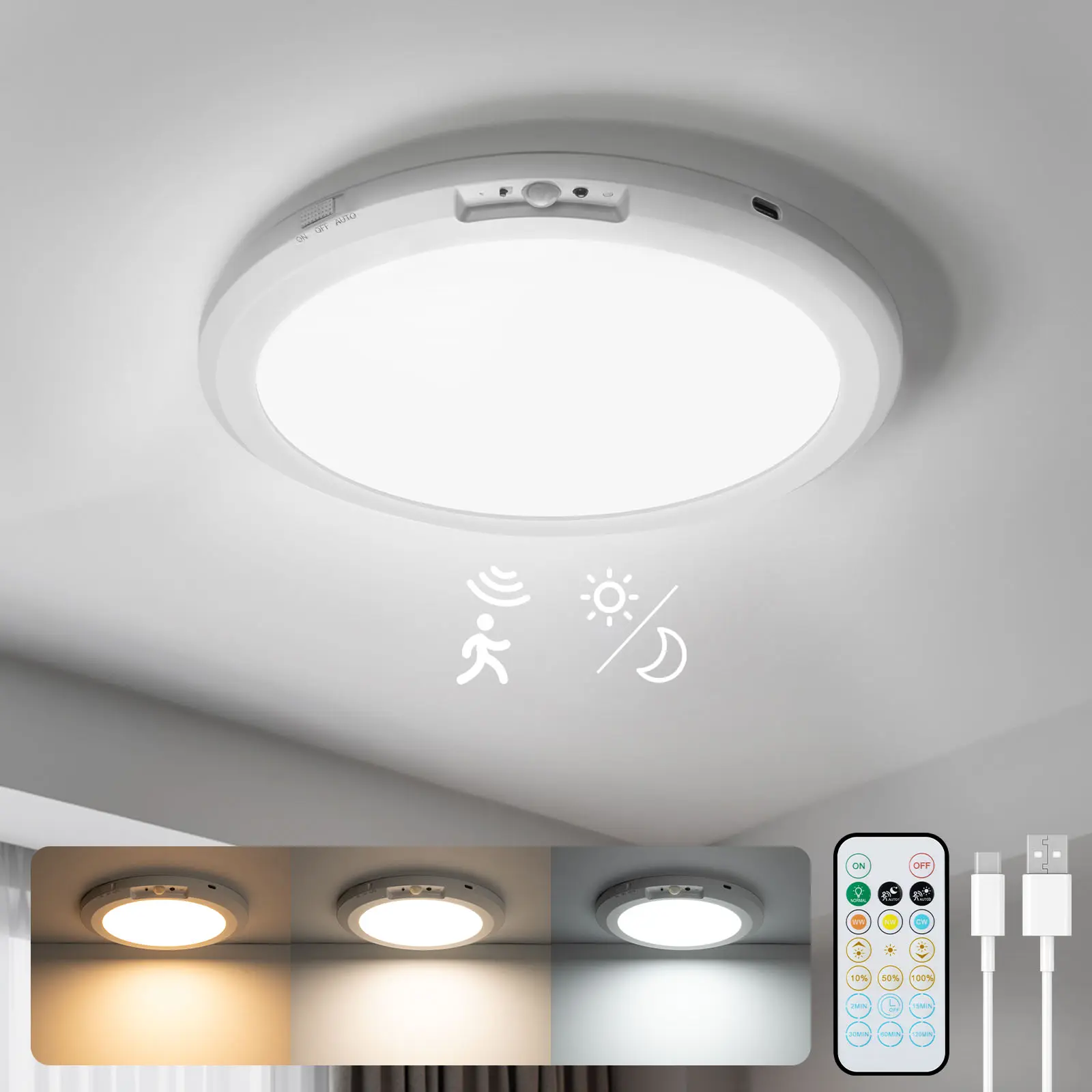 wowatt 2.0 Rechargeable Motion Sensor Ceiling Light with Remote Control,Wireless Dimmable Magnetic Light, IP44 Water Resistant for Shower, Closet, Hallway