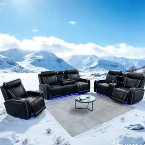 LIFESTYLE Black Breathable Leather 3-Piece Living Room Functional Sofa Set