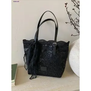Elegant retro exquisite lace tote bag, adjustable tote bag design, lace scarf decoration, fashionable and unique shoulder bag, can accommodate files and tablets, suitable for commuting, dating, and gatherings, Pu Tote Satchel, High Quality Bag