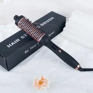 Ceramic Tourmaline Round Brush - Negative Ion Heated Brush with Anti-Scald Bristles, 3-Temp, 15s Heat-Up, Adjustable, Smooth, Dual Voltage, Black