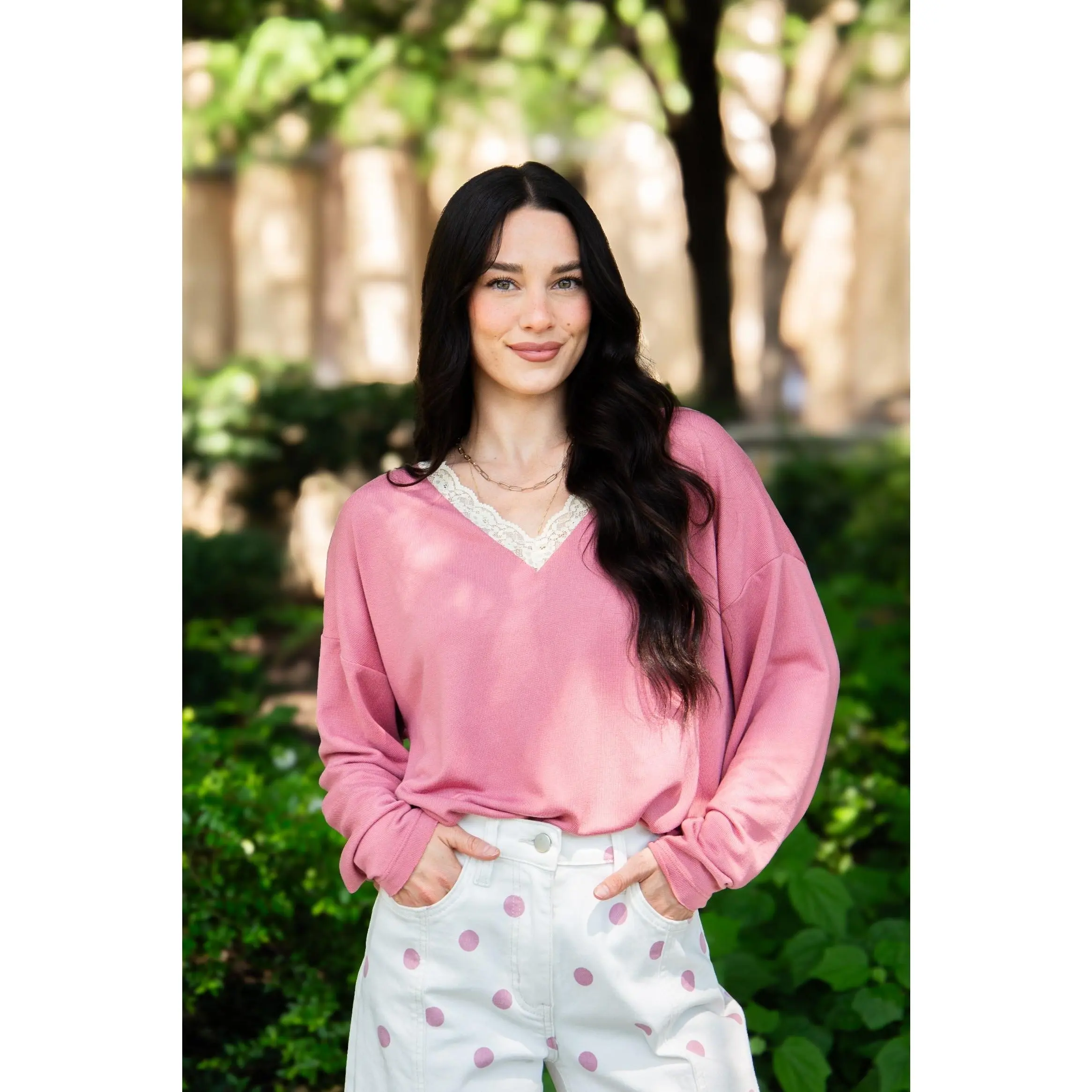 V-Neck Top with Lace Trim, Dusty Rose