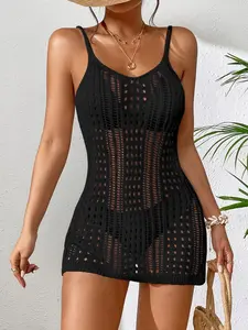 Women's Solid Hollow Out Sheer Knit Cover Up Dress, Sporty Sleeveless Spaghetti Strap Cover Up Dress for Beach Holiday Vacation, Ladies Swimwear for All Seasons, Swimsuit Cover Up, Swimwear Coverups
