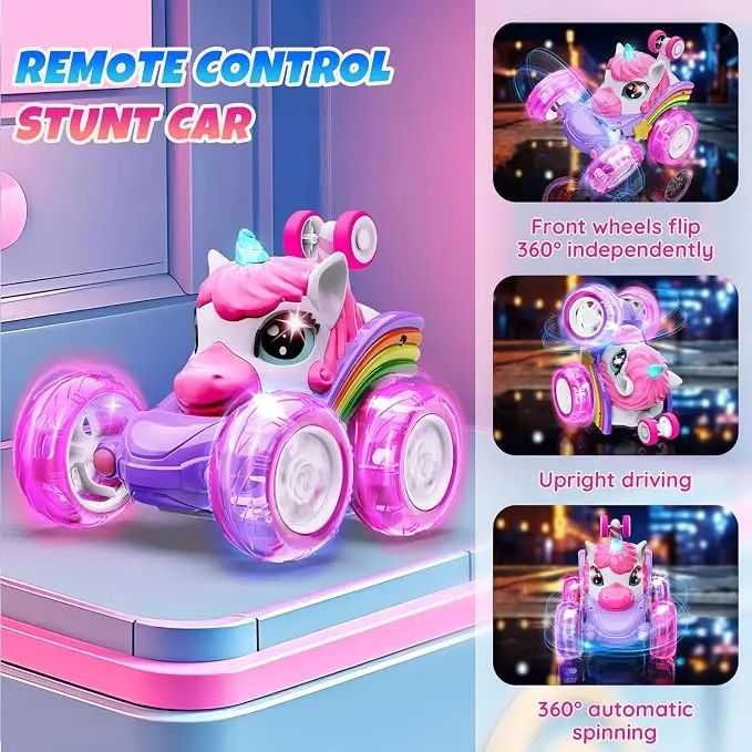 nicorn Remote Control Car Toys for Girl - RC Stunt Cars 4WD 360° Rotating | Pink Remote Control Vehicle 2.4GHz Toy Car with LED Lights, Birthday Gift for 3 4 5 6 7 8 9 Year Old Girls