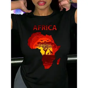 "AFRICA" Continent Map with Giraffe and Tree T-Shirt, Retro Sunset Print Black Tee, Cultural Apparel