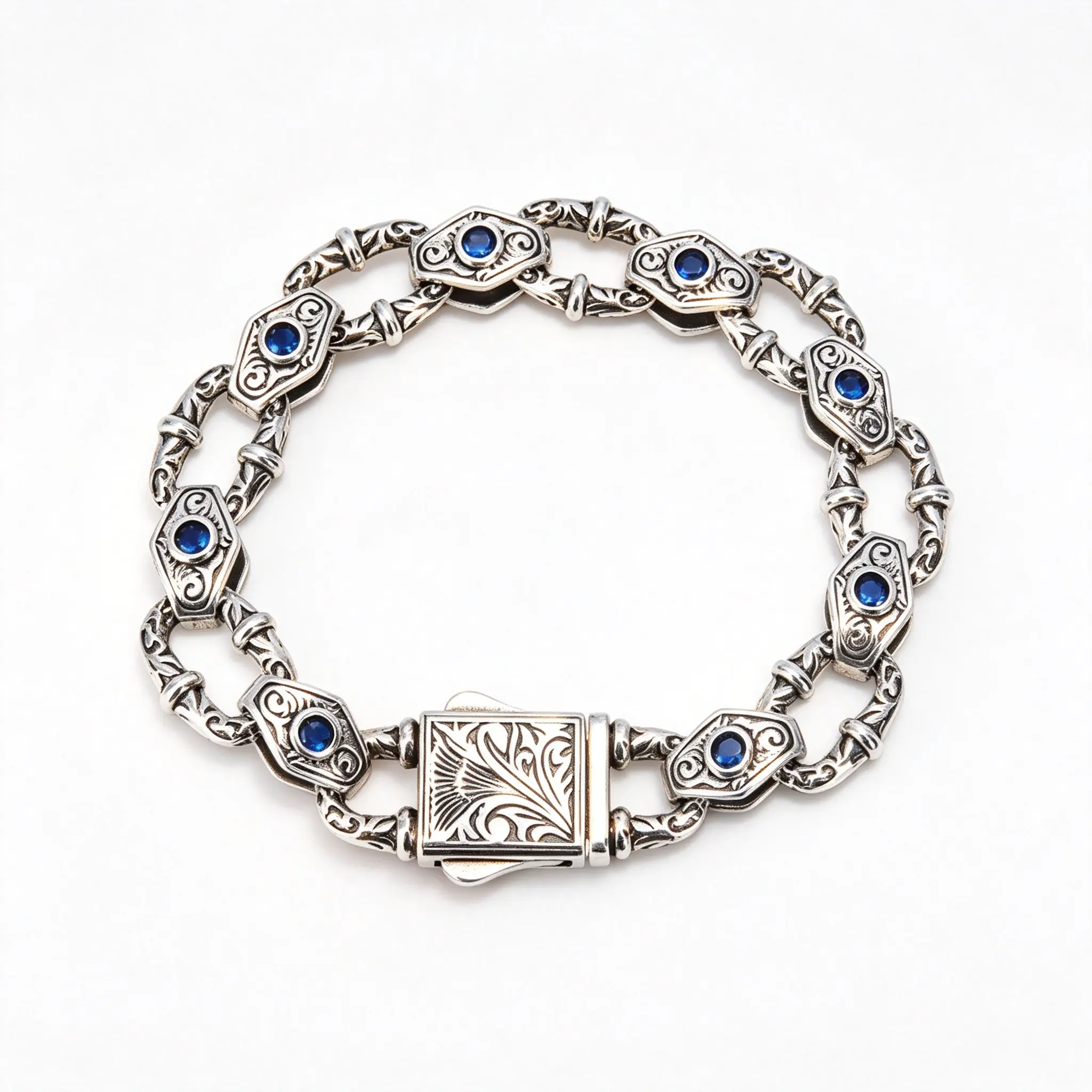 925 Sterling Silver Vintage Sapphire Bracelet - Engraved Retro Unisex Wrist Chain