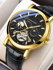 Men's Luxury Mechanical Watch, Band, Round Analog Dial, Luminous Hollow Design, Waterproof Business Style, No Battery Needed