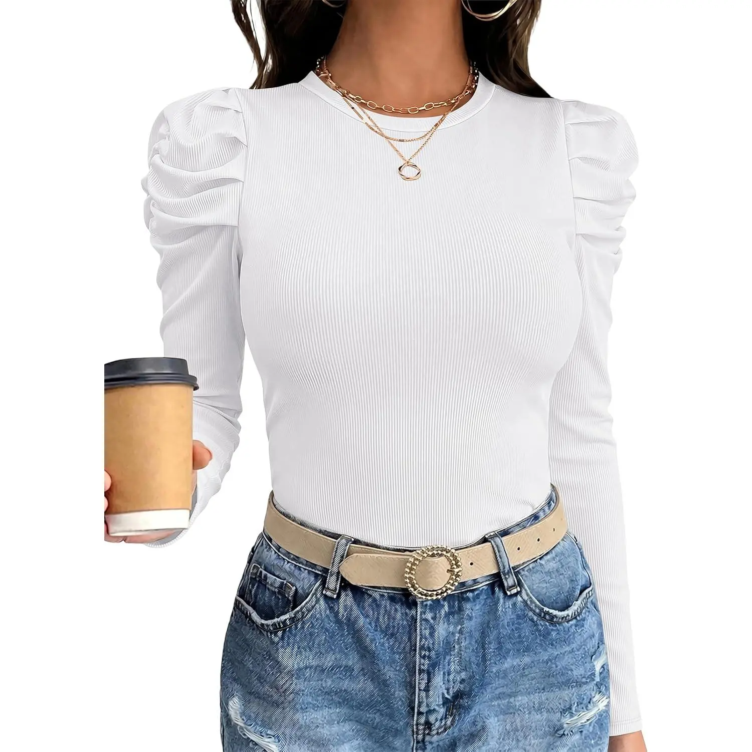 ANRABESS Womens Puff Long Sleeve Shirts | Soft Stretch Ribbed Knit Fitted Tops, Trendy Tee for Business Casual Work, Fall Winter Clothes