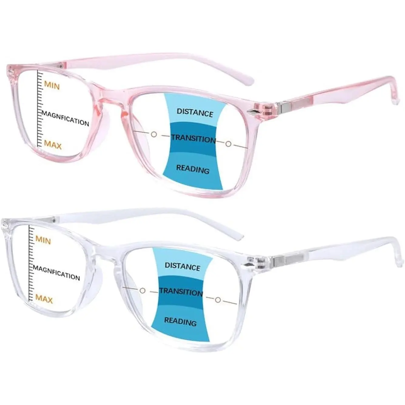 Progressive Multifocal Reading Eyeglasses 2-Pack, Lightweight Unisex Square Frames, Bluelight Blocking for Computer Use & Anti-Eyestrain, Pink/Clear +1.0 Strength, Progressive Multifocal Glasses, Blue Light Lenses Non-Prescription Glasses