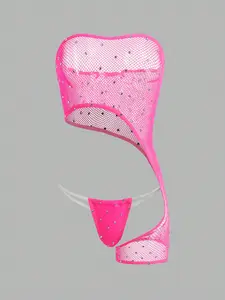 Sexy Asymmetrical Crystal Sheer Bodysuit Lingerie Set, Rave