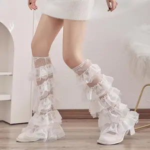 1 Pair Women's White Lace-Trimmed Thigh-High Socks with Sweet and Cool Y2K Design